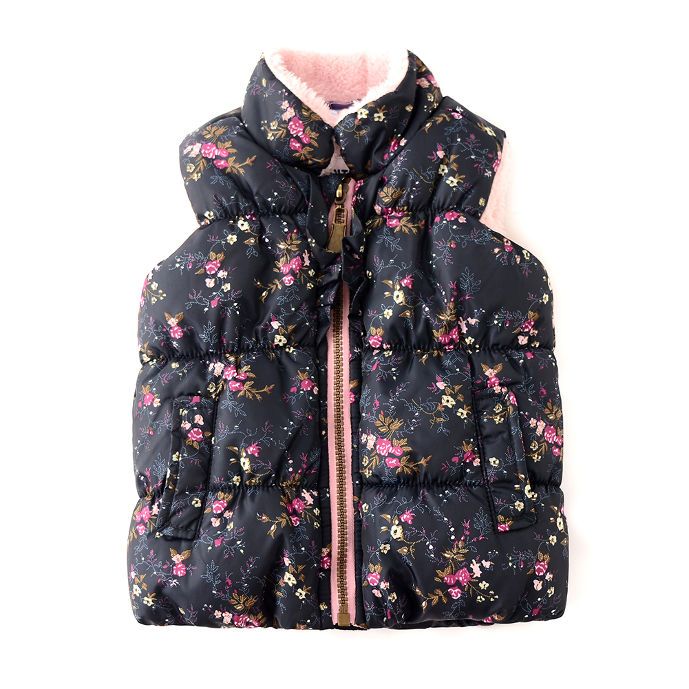 Baby Girls Puffer Vest Floral Printed Fleece Lined Quilted Zipper Waistcoat Black 